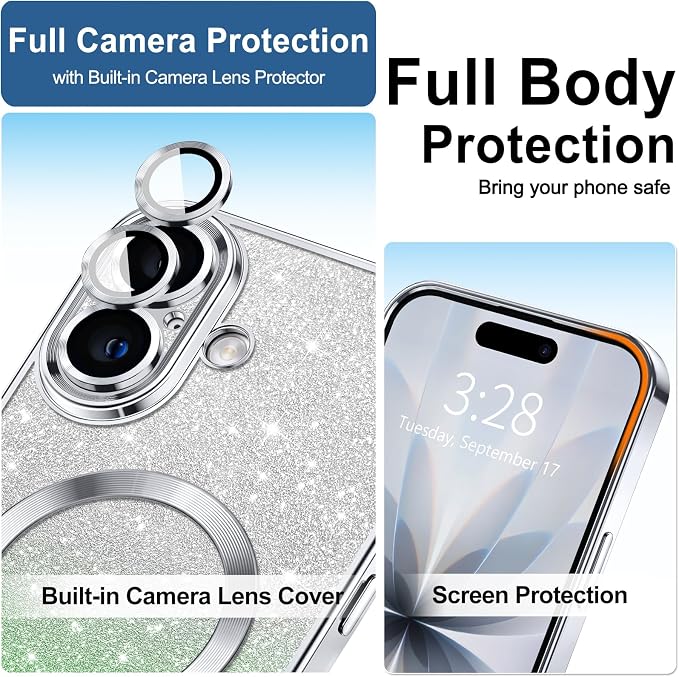 Hython for iPhone 17 Case Glitter Clear Magnetic Phone Cases [Compatible with MagSafe] Full Camera Lens Protector Sparkle Luxury Plating Slim Shockproof Protective Cover Women, Gradient Silver