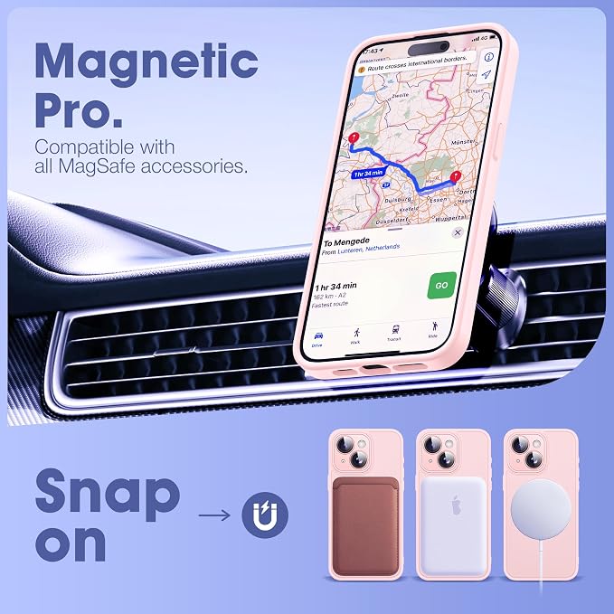 Compatible with iPhone 15 Case with Built-in Camera Lens Protectors Shockproof Translucent Magnetic iPhone 15 Phone Case 6.1" [Compatible with Mag-Safe][Great Grip Feeling], Pink