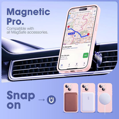Compatible with iPhone 15 Case with Built-in Camera Lens Protectors Shockproof Translucent Magnetic iPhone 15 Phone Case 6.1" [Compatible with Mag-Safe][Great Grip Feeling], Pink