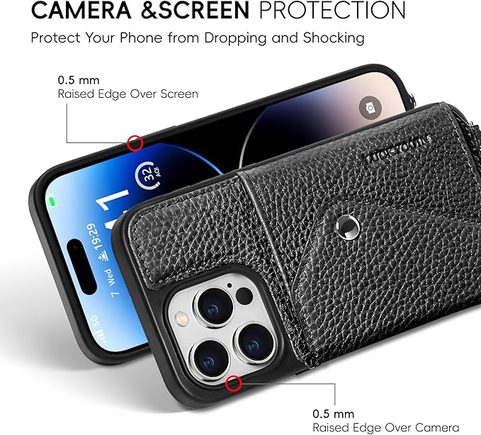 LUCKYCOIN for iPhone 14 Pro Crossbody Wallet Case – Genuine Leather Phone Purse with Adjustable Strap and Card Holder,Lanyard Phone Purse Case for Women,Pebble Grain Black