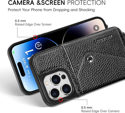 LUCKYCOIN for iPhone 14 Pro Crossbody Wallet Case – Genuine Leather Phone Purse with Adjustable Strap and Card Holder,Lanyard Phone Purse Case for Women,Pebble Grain Black