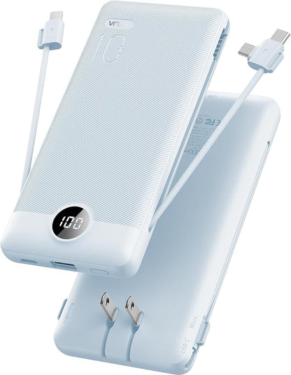 VRURC Portable Charger, Power Bank Built-in Cables and AC Wall Plug | USB C Power Bank 10000mAh, Travel Essentials Phone Charger Compact External Battery Pack For Smart Phones, Tablets etc-Blue