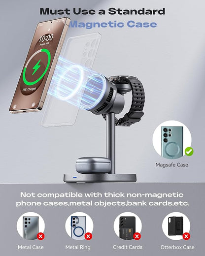 Magnetic Wireless Charger for Samsung, Fast 15W Certified 3 in 1 Charging Station TEC Cooling Compatible with Mag-Safe for Galaxy S26 Ultra/S25/Z Fold 7/Flip7, Samsung Watch Ultra/8/7,Galaxy Buds
