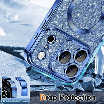 Hython for iPhone 17 Pro Max Case Glitter Clear Magnetic Phone Cases [Compatible with MagSafe] Full Camera Lens Protector Sparkle Luxury Plating Slim Shockproof Protective Cover Women, Deep Blue