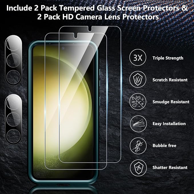 SPIDERCASE Designed for Samsung Galaxy S23 Case, [10 FT Military Grade Drop Protection], 2 Pack [Tempered Glass Screen Protector+Camera Lens Protector] Heavy Duty Shockproof Case, Dark Green