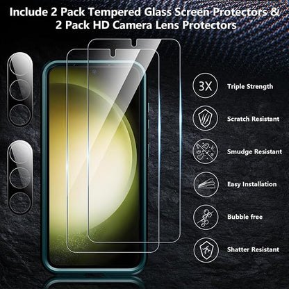 SPIDERCASE Designed for Samsung Galaxy S23 Case, [10 FT Military Grade Drop Protection], 2 Pack [Tempered Glass Screen Protector+Camera Lens Protector] Heavy Duty Shockproof Case, Dark Green