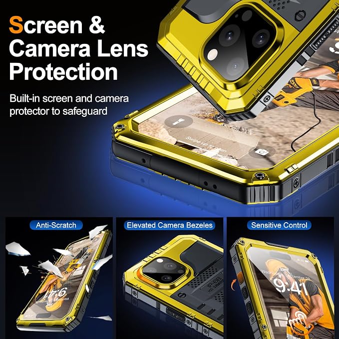Mitywah Wateproof Case for iPhone 15 Pro Max, Military Grade Shockproof Cover for Outdoor Workers, Heavy Duty Metal Full Body Phone Case with Built-in Screen Protector, 6.7", Yellow