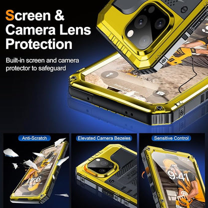 Mitywah Wateproof Case for iPhone 15 Pro Max, Military Grade Shockproof Cover for Outdoor Workers, Heavy Duty Metal Full Body Phone Case with Built-in Screen Protector, 6.7", Yellow