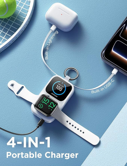 JOYROOM Portable Charger for Apple Watch, 5000mAh Power Bank 20W PD Fast Charging Dual Built-in Cables &4 Outputs, Compact Travel Keychain Battery Pack for iPhone 17/16/15/14/13& Apple Watch, White