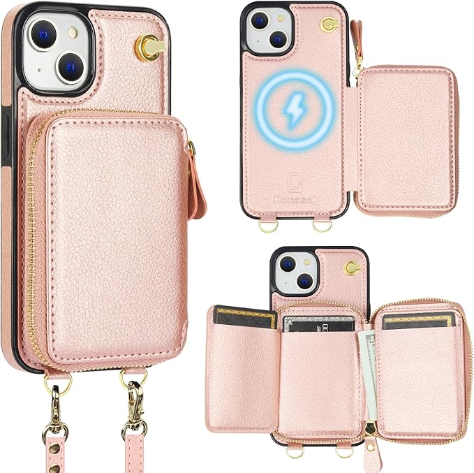 Bocasal for MagSafe Crossbody Wallet Case Compatible with iPhone 14 iPhone 13, RFID Blocking Protective Purse Case with Card Slots Holder Kickstand Wrist Strap Lanyard Zipper 6.1 Inch 5G (Rose Gold)