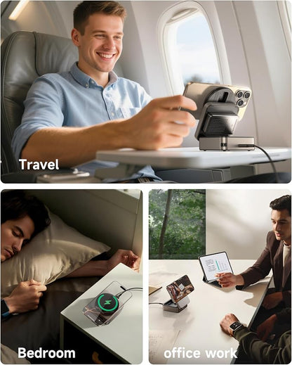 ZEEHOO 3-in-1 Foldable Magnetic Wireless Charging Station, Qi2 Certified 15W Travel Charger Stand Dock Wireless Charger for iPhone 17/16/15/14/13/12 Series, Apple Watch, AirPods (30W Adapter Included)