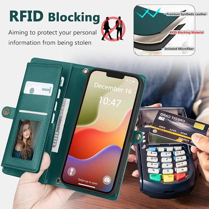 Wallet Case for iPhone 14 Plus with Card Holder/Crossbody Wallet/Strap| RFID Blocking | Magnetic | Kickstand | Detachable | PU Leather Phone Case for iPhone 14 Plus,6.7 in,Green