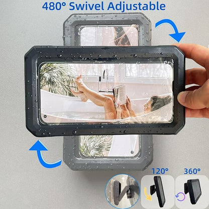 Shower Phone Holder Waterproof,480° Rotation Adjustable Wall Mount Shower Phone Case with Anti-Fog Touch Screen for Bathroom Tub Kitchen Mirror,Up to 6.8 in (Black)