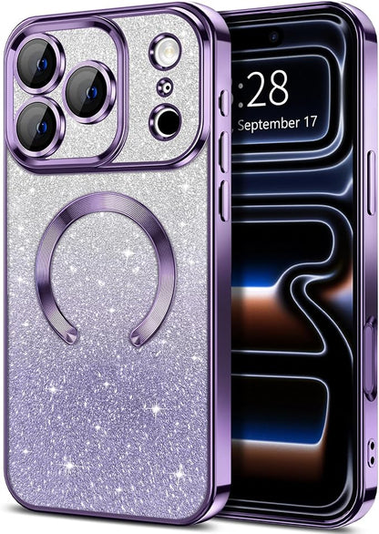 Hython for iPhone 17 Pro Case Glitter Clear Magnetic Phone Cases [Compatible with MagSafe] Full Camera Lens Protector Sparkle Luxury Plating Slim Shockproof Protective Cover Women, Gradient Purple