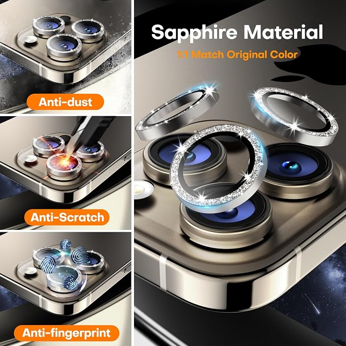 Camera Lens Protector for iPhone 17 Pro Max/17 Pro/16 Pro Max/16 Pro/15 Pro Max/15 Pro/14 Pro Max/14 Pro, Tempered Glass Metal Individual Camera Cover[Anti-drop] Case Friendly-Glitter Natural
