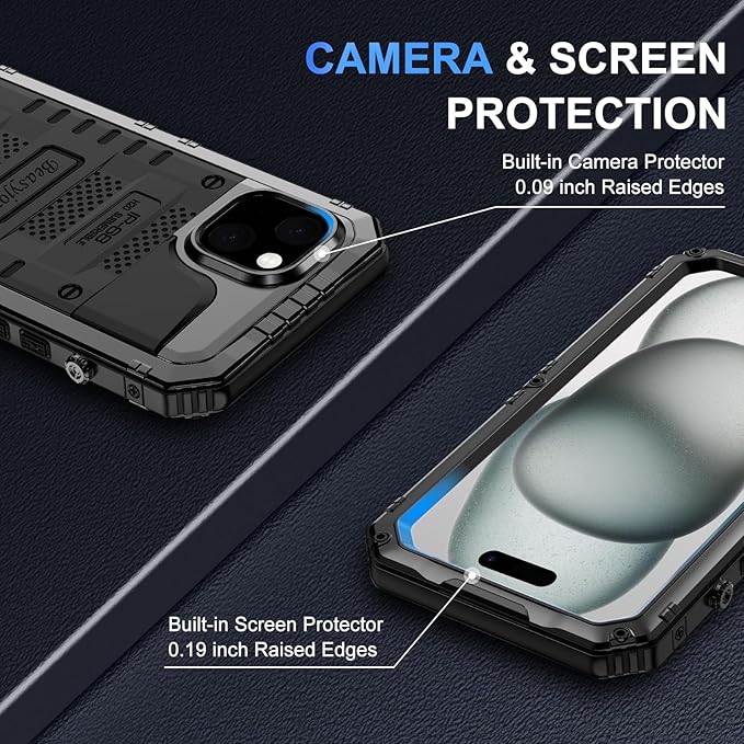 Beasyjoy for iPhone 15 Plus Case Waterproof, Metal Heavy Duty Full Body Protective Case with Built-in Screen Protector, Military Grade Shockproof Dustproof Defender Case for iPhone 15 Plus 6.7", Black