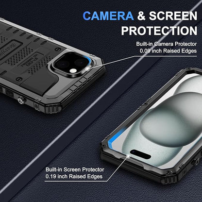 Beasyjoy for iPhone 15 Plus Case Waterproof, Metal Heavy Duty Full Body Protective Case with Built-in Screen Protector, Military Grade Shockproof Dustproof Defender Case for iPhone 15 Plus 6.7", Black