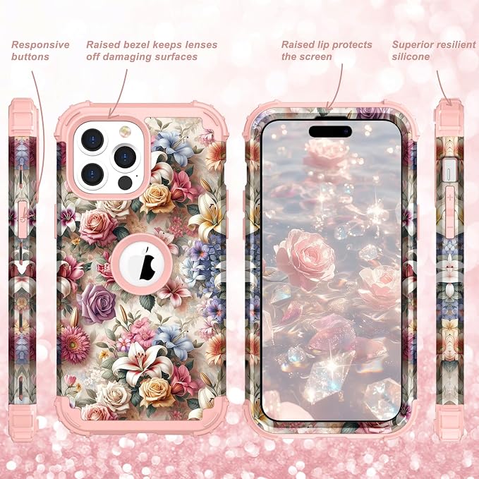 Hocase for iPhone 14 Pro Max Case, Heavy Duty Shockproof Protection Soft Silicone Rubber+Hard Plastic Bumpers Hybrid Protective Case for iPhone 14 Pro Max 2022 - Joyful Flowers