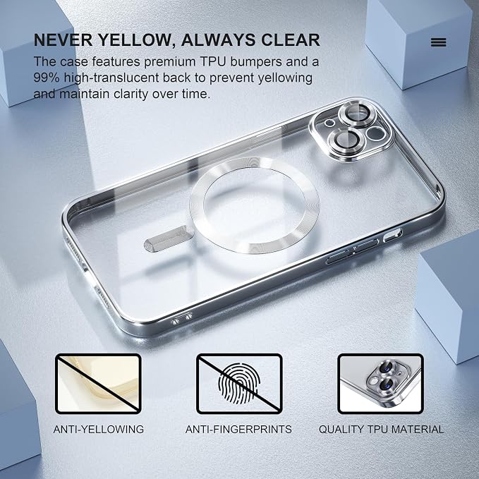 Misea Magnetic for iPhone 14 Case Compatible with MagSafe [Never Yellowing] [Military Grade Drop Protection] Full Camera Lens Protector Plating Soft Clear Phone Case for Women Girls, Silver