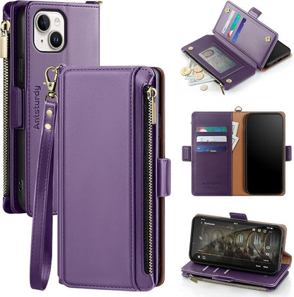 Antsturdy Compatible with iPhone 14 Wallet Case RFID Blocking,PU Leather Phone Case Women Men Flip Shockproof Cover with Wrist Strap Zipper Pocket Credit Card Holder Slots,for Apple 14 6.1" Purple
