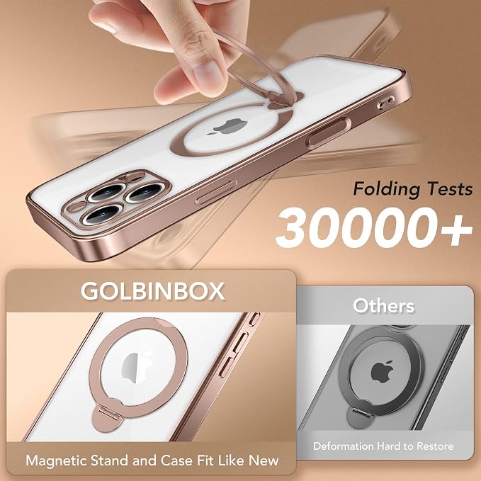 Desert Titanium for iPhone 15 Pro Max Case With 360° Spin Magnetic Stand,[Compatible With Magsafe] [Military Protection][Built-in Ring Holder]Shockproof Phone Case for 15 Pro Max,Rose Gold/Clear