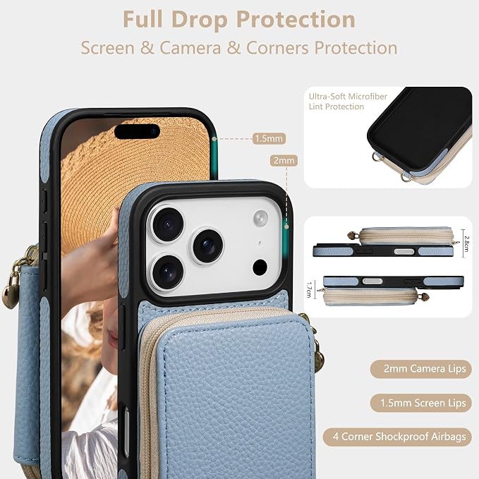 Keallce Case for iPhone 17 Pro 6.3'' Case Wallet, Crossbody Zipper Purse with RFID Blocking Card Slots Kickstand, Lanyard & Handstrap Flip Folio Leather Phone Cover for iPhone 17 Pro, Blue