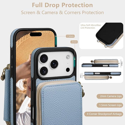 Keallce Case for iPhone 17 Pro 6.3'' Case Wallet, Crossbody Zipper Purse with RFID Blocking Card Slots Kickstand, Lanyard & Handstrap Flip Folio Leather Phone Cover for iPhone 17 Pro, Blue