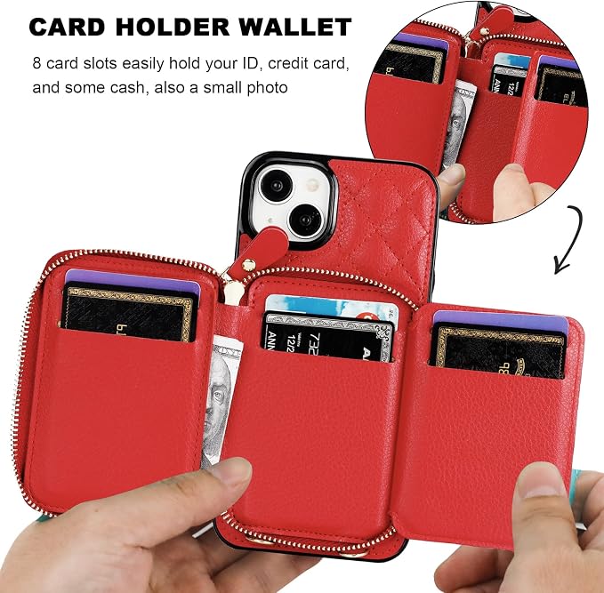 Bocasal Crossbody Wallet Case for iPhone 15 Plus, RFID Blocking PU Leather Zipper Handbag Purse Flip Cover, Kickstand Folio Case with Card Slots Holder Wrist Strap Lanyard 5G 6.7 Inch (Red)