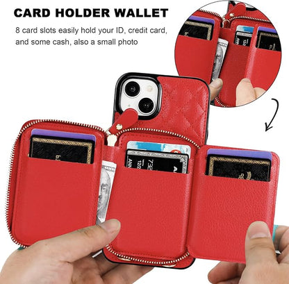Bocasal Crossbody Wallet Case for iPhone 15 Plus, RFID Blocking PU Leather Zipper Handbag Purse Flip Cover, Kickstand Folio Case with Card Slots Holder Wrist Strap Lanyard 5G 6.7 Inch (Red)