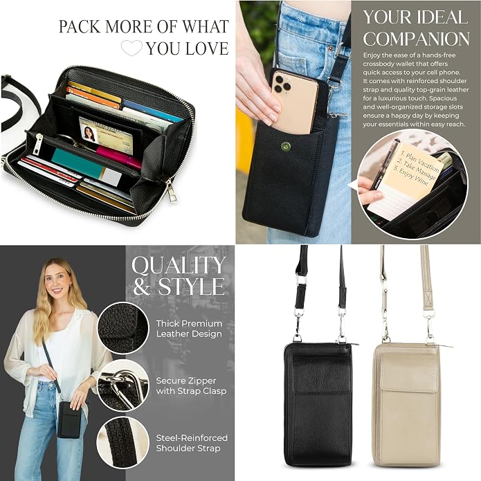 BULL GUARD Crossbody Leather Wallet Phone Purse, Anti Theft and RFID Blocking, Elegant Design for Travel