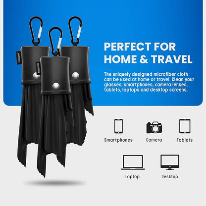 Microfiber Cloth & Glasses Wipes (3 Pack) Lens & Glasses Cleaning Cloth - Eyeglass Cleaner - Camera Lenses & Gadget Delicate Screens - Black