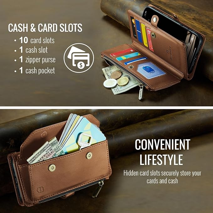 Strapurs Wallet Case Compatible with iPhone 16 Plus 6.7" RFID Blocking 10-Card Holder Soft PU Leather Magnetic Snap Shoulder Strap Zipper Pocket Phone Case Fit for iPhone 16 Plus - Brown