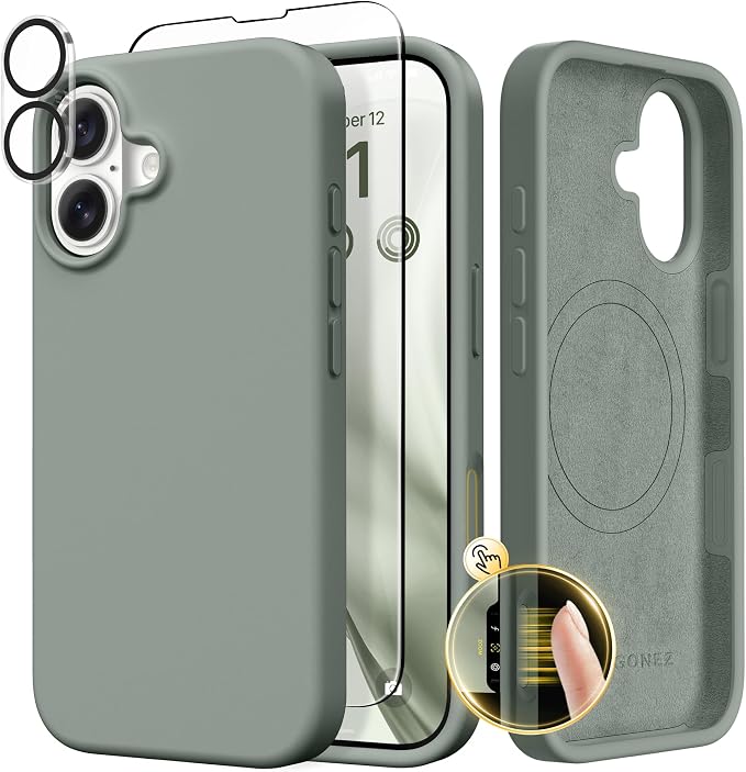 GONEZ Magnetic for iPhone 17 Case, Compatible with MagSafe, [Screen Protector + Camera Lens Protector], Liquid Silicone Anti-Scratch Shockproof Protective Phone Case 6.3 inch, Calke Green