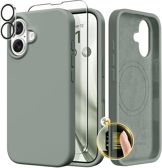GONEZ Magnetic for iPhone 17 Case, Compatible with MagSafe, [Screen Protector + Camera Lens Protector], Liquid Silicone Anti-Scratch Shockproof Protective Phone Case 6.3 inch, Calke Green