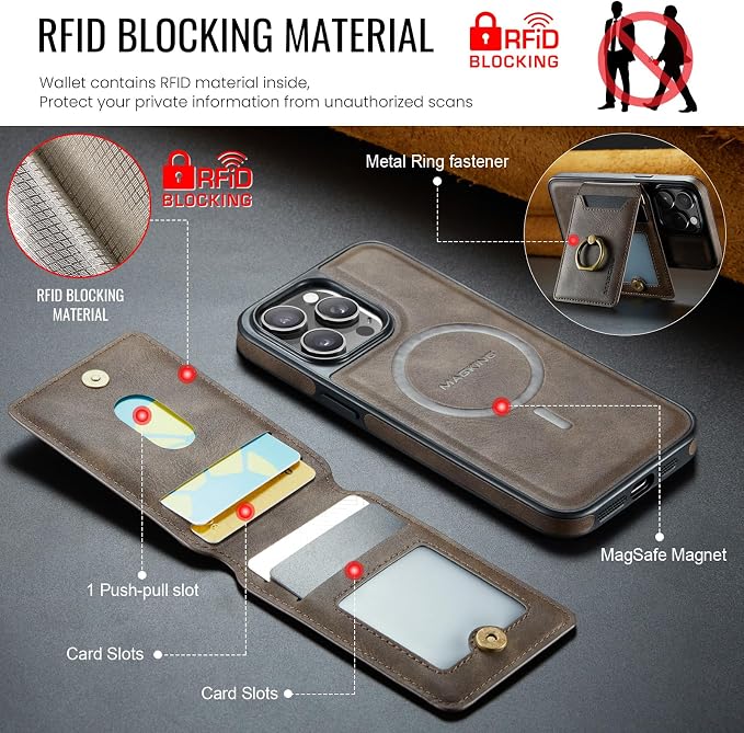 SZHAIYU 2 in 1 Detachable Magnetic Phone Cases Compatible with iPhone 14 Pro Max Case with Card Holder Ring , Compatible with Magsafe Wallet, Leather Men 6.7'' RFID Blocking (Coffee,iPhone 14 Pro Max)