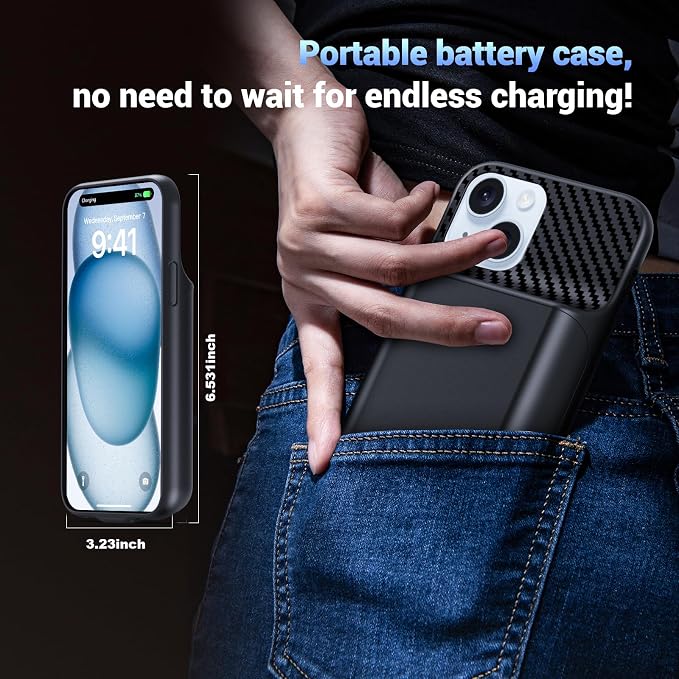 Battery Case for iPhone 15 Plus (6.7 inch), 2026 Upgraded High Capacity 13800mAh Battery Pack Rechargeable Charger External Charging Case with Tempered Glass Screen Protector Black