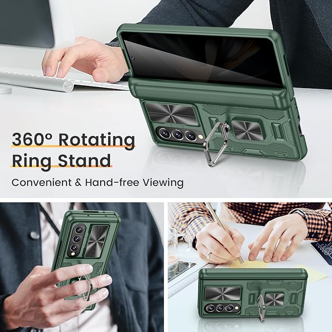 VEGO for Samsung Galaxy Z Fold 4 Case, Built-in Privacy Screen Protector | with Rotating Ring Kickstand Hinge Protection & Slide Camera Cover Drop Protection Case for Samsung Fold 4-Green