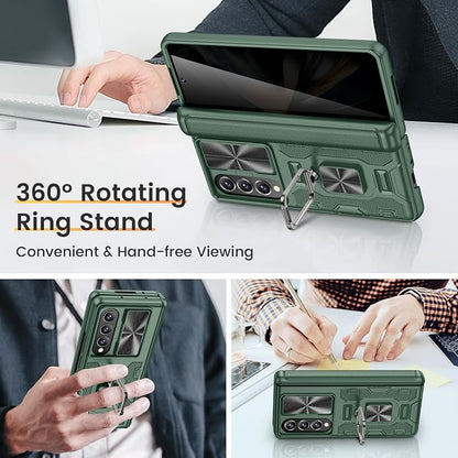 VEGO for Samsung Galaxy Z Fold 4 Case, Built-in Privacy Screen Protector | with Rotating Ring Kickstand Hinge Protection & Slide Camera Cover Drop Protection Case for Samsung Fold 4-Green