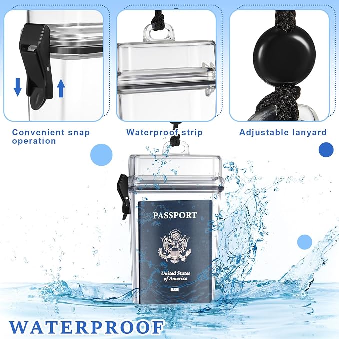 Outus 3 Pcs Waterproof ID Badge Holder Case with Waterproof Buckle Floating Sports Case Locker with Adjustable Hanging Rope Plastic Card Dry Box(Clear,5.43 x 3.33 in,Stylish)