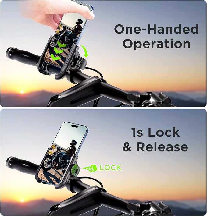 Bike Phone Mount Holder No Block Camera Motorcycle Cell Phone Holder Quick Lock 360° Rotate for iPhone 16 Pro Max for Samsung S25 Ultra 5.4''-7.2'' Smartphone
