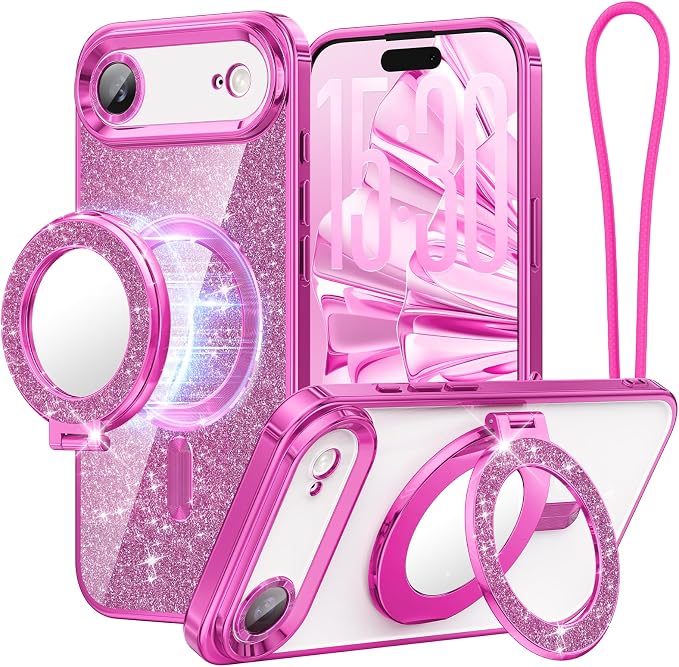 Meifigno Designed for iPhone Air Case with Ring Stand (6.5"), [Built-in Mirror] [Compatible with MagSafe] [Glitter Card & Wrist Strap] Removable Phone Stand +Designed for iPhone 17 Air Case, Hot Pink