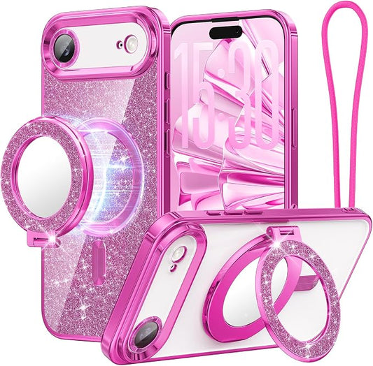 Meifigno Designed for iPhone Air Case with Ring Stand (6.5"), [Built-in Mirror] [Compatible with MagSafe] [Glitter Card & Wrist Strap] Removable Phone Stand +Designed for iPhone 17 Air Case, Hot Pink