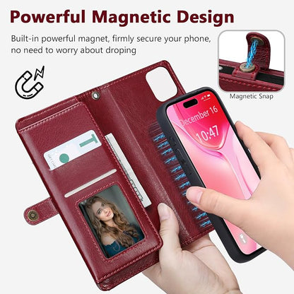 Wallet Case for iPhone 15 Plus with Card Holder/Crossbody Wallet/Strap| RFID Blocking | Magnetic | Kickstand | Detachable | PU Leather Phone Case for iPhone 15 Plus,6.7 in,Wine Red
