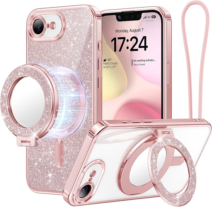 Meifgino Magnetic Case with Removable Phone Ring Stand for iPhone 16E 6.1’’, [Glitter Card & Wrist Strap] [MagSafe Compatible] [Built in Mirror] Phone Ring Stand + Phone Case Kit, Rose Gold