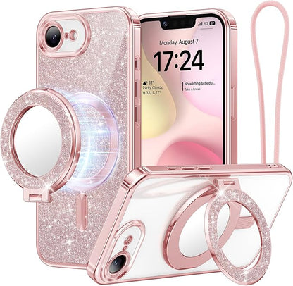 Meifgino Magnetic Case with Removable Phone Ring Stand for iPhone 16E 6.1’’, [Glitter Card & Wrist Strap] [MagSafe Compatible] [Built in Mirror] Phone Ring Stand + Phone Case Kit, Rose Gold
