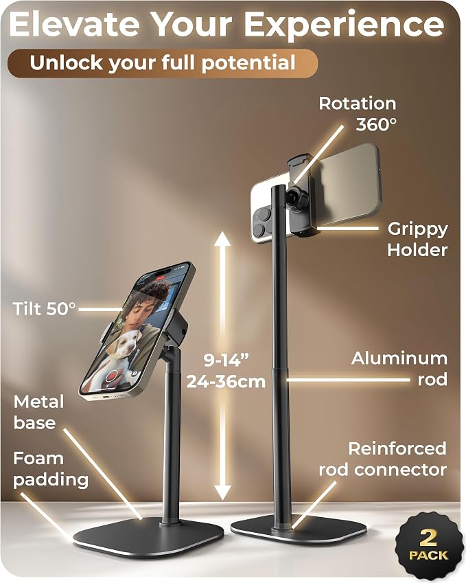 COOPER ChatStand, [Gift Family Pack], Adjustable Cell Phone Stand for Desk, Phone Stand for Recording, iPhone Holder, Small Tripod for iPhone, Fits Samsung, Android Smartphones, (Night Black, 2-Pack)