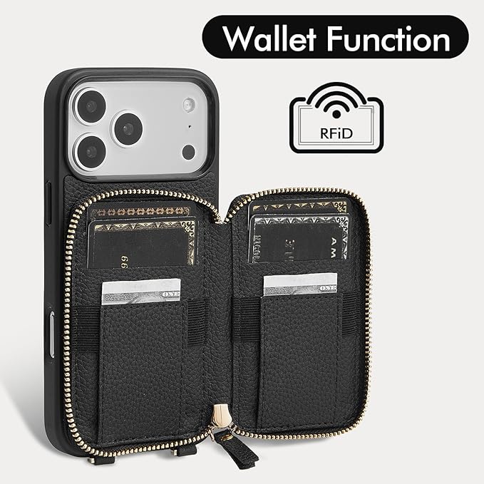 ZVE for iPhone 17 Pro Max Wallet Case Crossbody, Zipper Phone Cover with Wrist Strap RFID Blocking for 6.9" Black