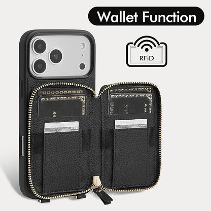 ZVE for iPhone 17 Pro Max Wallet Case Crossbody, Zipper Phone Cover with Wrist Strap RFID Blocking for 6.9" Black