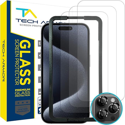 Tech Armor for Apple iPhone 15 Pro Max Screen Protector Glass 6.7 inch - Ballistic Tempered, Case Friendly, Easy Install, Sensor Protection, HD, 9H Hardness, 3 Pack + Bonus Camera Lens Protectors