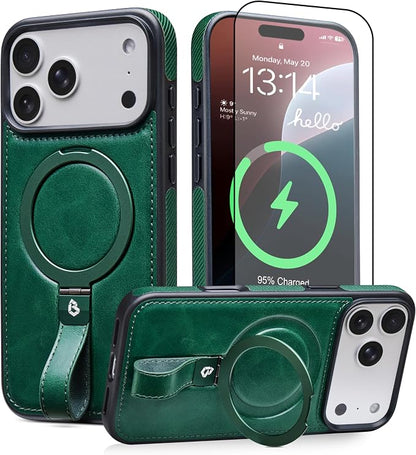 for iPhone 17 Pro Max Leather Case with Stand, Anti-Slip Grip Ring, Fits for MagSafe (Green, iPhone 17 Pro Max)